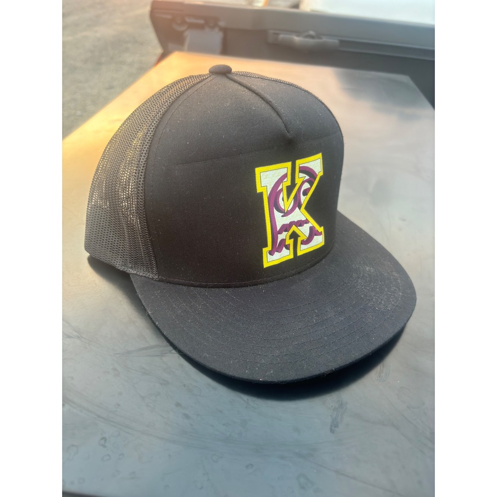 Ghost Krew Men Black Mesh Snapback Trucker Hat Varsity K Logo Flat Brim Cap